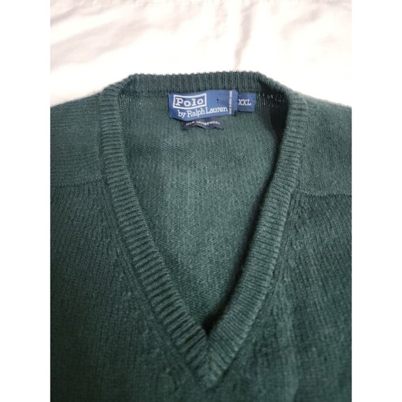 Vintage 90s POLO RALPH LAUREN V-Neck Sweater 100% Lambswool Green XXL - Picture 2 of 3